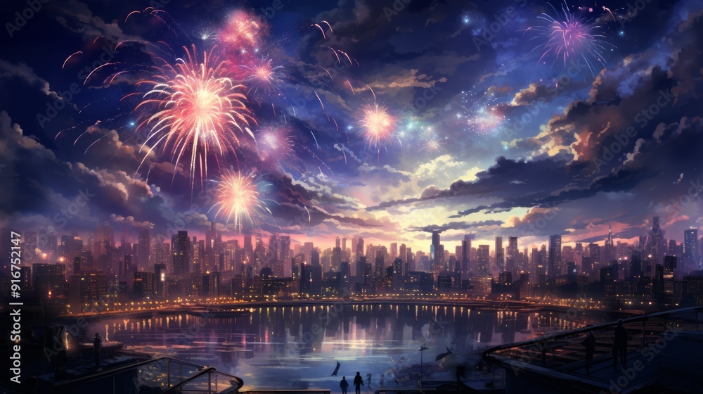 Fireworks in the city at night time. Neural network ai generated art Fireworks in the city at night time. Neural network ai generated art
