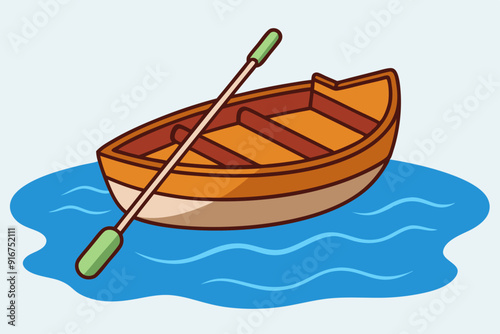 A small wooden rowing boat floating on water art vector illustration
