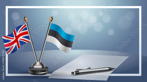 United Kingdom and Estonia Small national flag on bokeh background, cooperative relationship