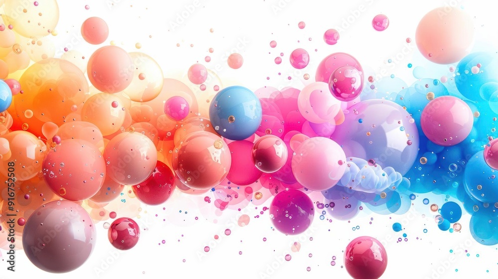 Vibrant splash of colorful bubbles floating in abstract motion against a white background, creating a dynamic and lively visual effect. Vibrant splash of colorful bubbles floating in abstract motion against a white background, creating a dynamic and lively visual effect.