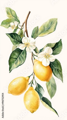 lemon branches with vibrant green leaves white flowers, Watercolor botanical illustration of The lemons are bright yellow, the branches are brown, the leaves are lush green, and the flowers are pure w