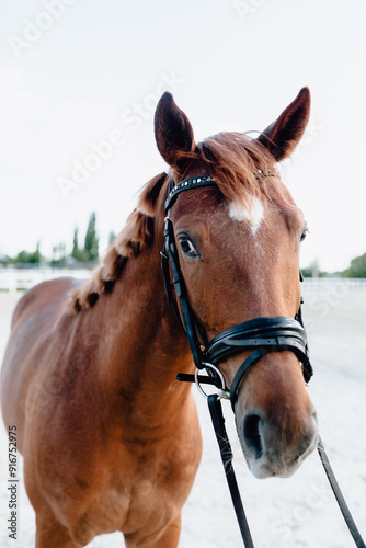 beautiful horse with lovely brown eyes and a white stripe on its head stands on a sunny green street