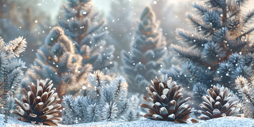 Snow-Covered Pine Cones in Winter Forest Scene Snow-Covered Pine Cones in Winter Forest Scene