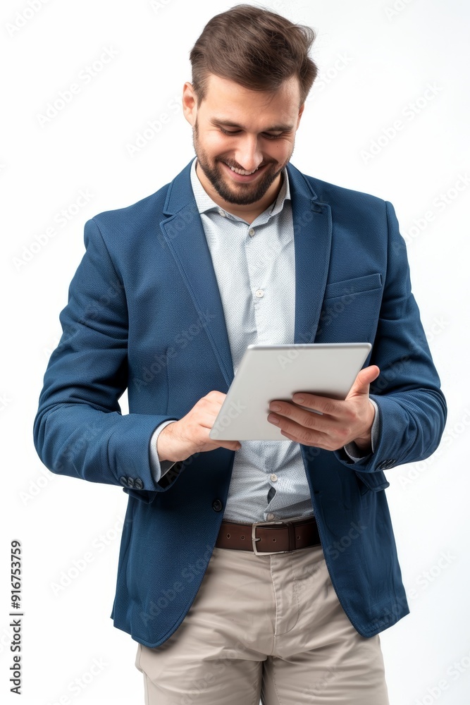 In studio, joyful Asian man, tablet for study, trading, or stock market information. Corporate trader scrolling across financial website technology on white background. In studio, joyful Asian man, tablet for study, trading, or stock market information. Corporate trader scrolling across financial website technology on white background.