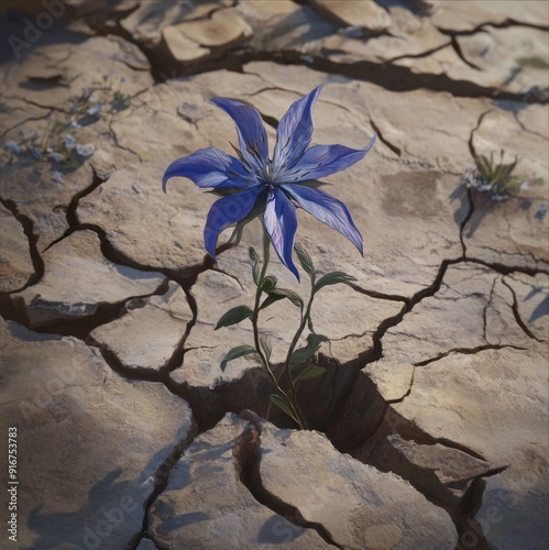 Eternal Hope: A Blue Flower Blooming Through Cracks in Arid Soil, Symbolizing Resilience and Enduring Spirit in Quiet Strength. photo