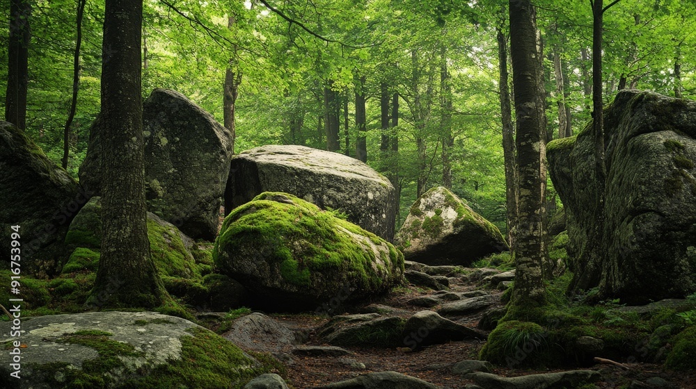 A serene forest scene with large, moss-covered boulders and rocks scattered among the trees, creating a natural and peaceful woodland environment. A serene forest scene with large, moss-covered boulders and rocks scattered among the trees, creating a natural and peaceful woodland environment.