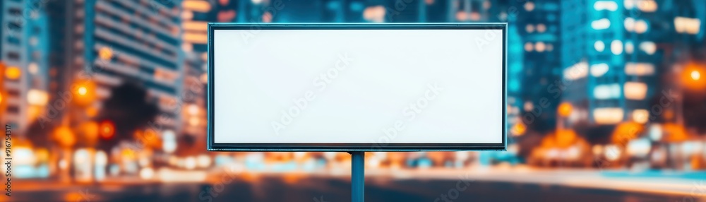 A blank billboard stands prominently in a vibrant cityscape, illuminated by colorful lights at night, ready for advertising. A blank billboard stands prominently in a vibrant cityscape, illuminated by colorful lights at night, ready for advertising.
