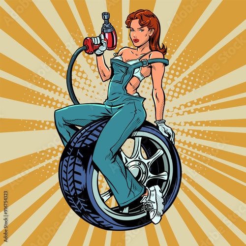 Pop Art Retro A woman in overalls is a tire mechanic for cars. Vehicle repair workshop. Replacing tires due to changing weather.