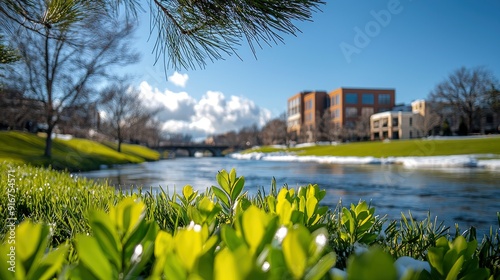 Cedar River In Cedar Rapids, Iowa, Picturesque Scene photo