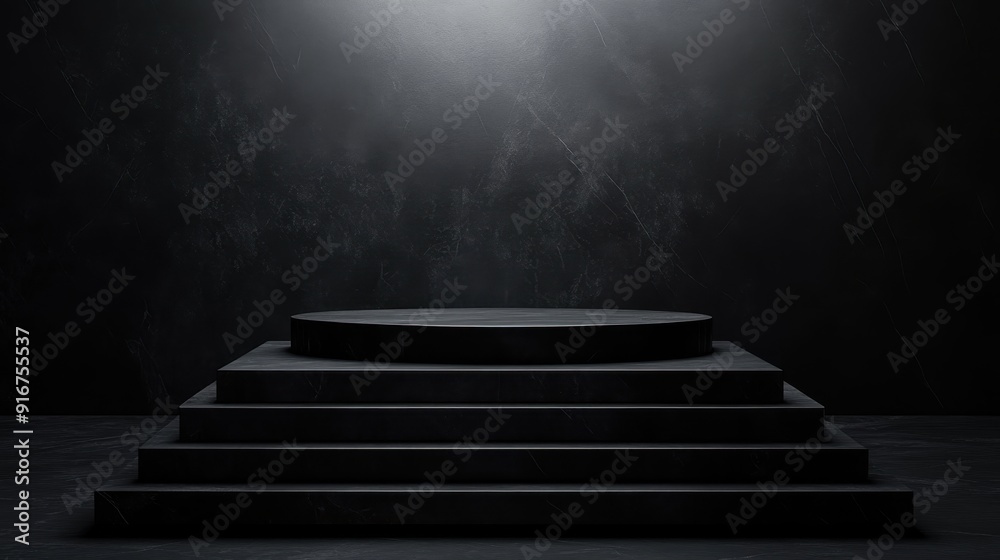 Modern Black Stone Podium with Angular Geometric Shapes on Dark Minimalist Background for Product Promotion Modern Black Stone Podium with Angular Geometric Shapes on Dark Minimalist Background for Product Promotion