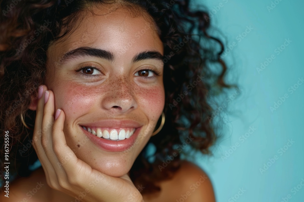 Studio skincare dermatology cosmetics face portrait of woman, beauty, and hands-on. Female model smiles on blue background for self-care, face glow, and clean skin outcomes. Studio skincare dermatology cosmetics face portrait of woman, beauty, and hands-on. Female model smiles on blue background for self-care, face glow, and clean skin outcomes.