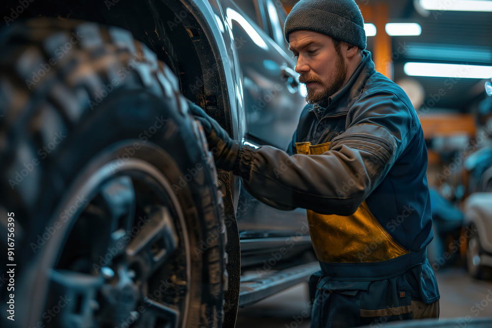 Mechanic working on a SUV car tires in a workshop during daylight Mechanic working on a SUV car tires in a workshop during daylight