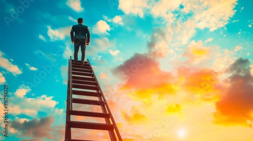 A man in business attire stands on top of a ladder reaching into the sky, symbolizing ambition, growth, and reaching new heights. Great for business-related themes like success and motivation photo