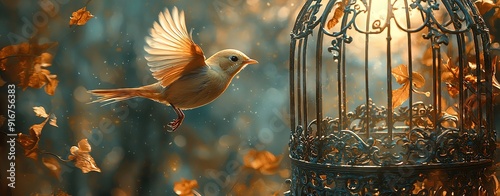 A golden bird, willingly flying into an ornate cage, the door wide open. photo