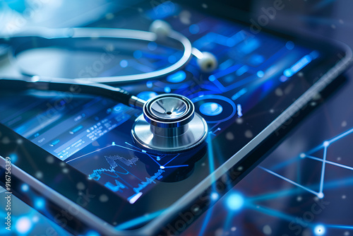 Close-up of stethoscope & digital tablet with virtual patient medical record, showcasing digital healthcare tech & DNA analysis