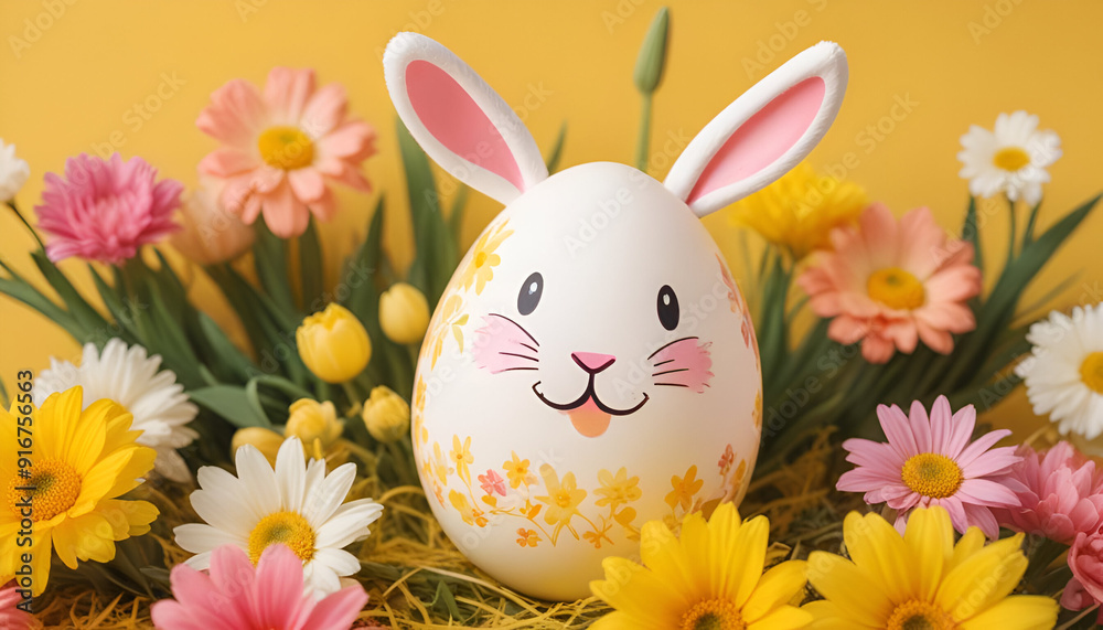 Obraz premium Easter decorative 3d background with funny bunny and eggs on grass.