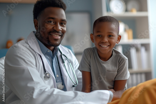 A friendly doctor interacts with a smiling boy during a routine examination in a colorful clinic.