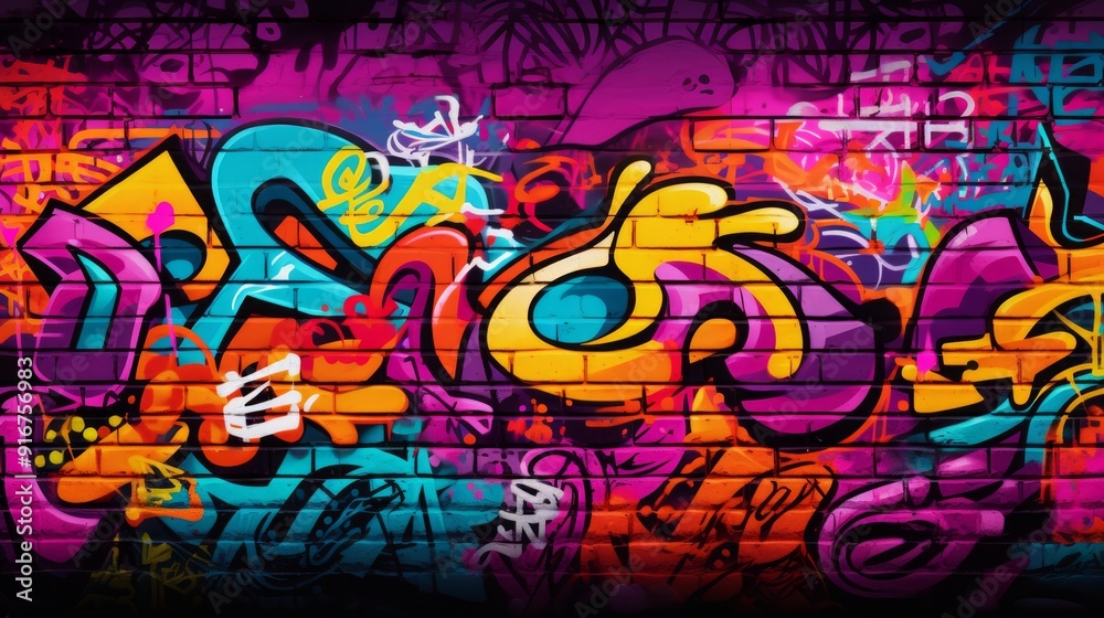 Street art abstract graffiti piece on purple brick wall. Neural network ai generated art Street art abstract graffiti piece on purple brick wall. Neural network ai generated art