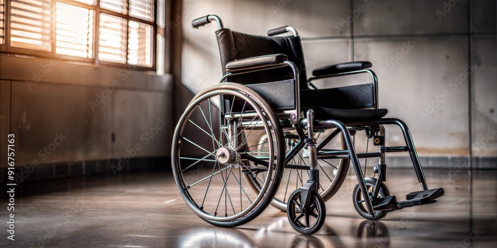 Wheelchair by sunlit window in empty room Wheelchair by sunlit window in empty room
