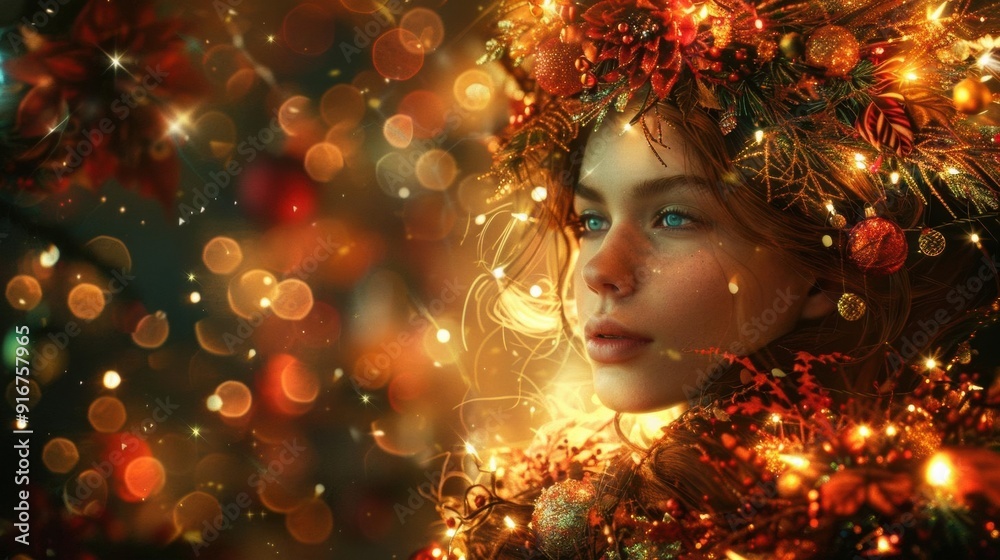 Dreamy portrait of a woman surrounded by warm bokeh lights and autumn colors, capturing a magical and ethereal atmosphere. Dreamy portrait of a woman surrounded by warm bokeh lights and autumn colors, capturing a magical and ethereal atmosphere.