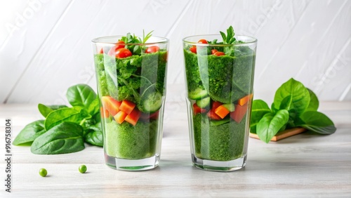 Fresh green spinach and mixed vegetable blend poured into two tall clear glasses on a clean minimalist white studio background.