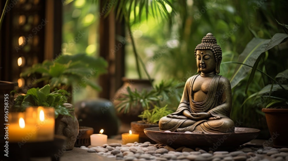 Buddha statue and many small candles in tropical jungle exterior. Neural network ai generated art Buddha statue and many small candles in tropical jungle exterior. Neural network ai generated art