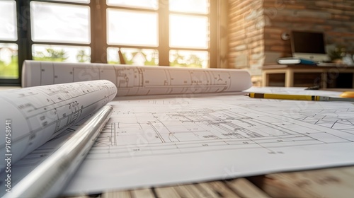 engineering plans whiteprint on a table photo