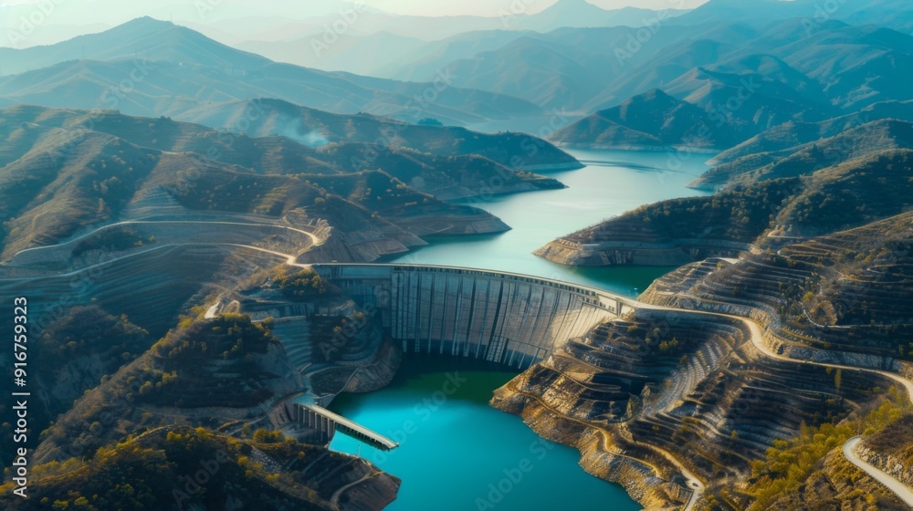 Aerial top view of modern dam and reservoir lake in mountains Aerial top view of modern dam and reservoir lake in mountains