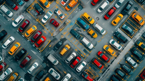 Aerial view of cars in parking places