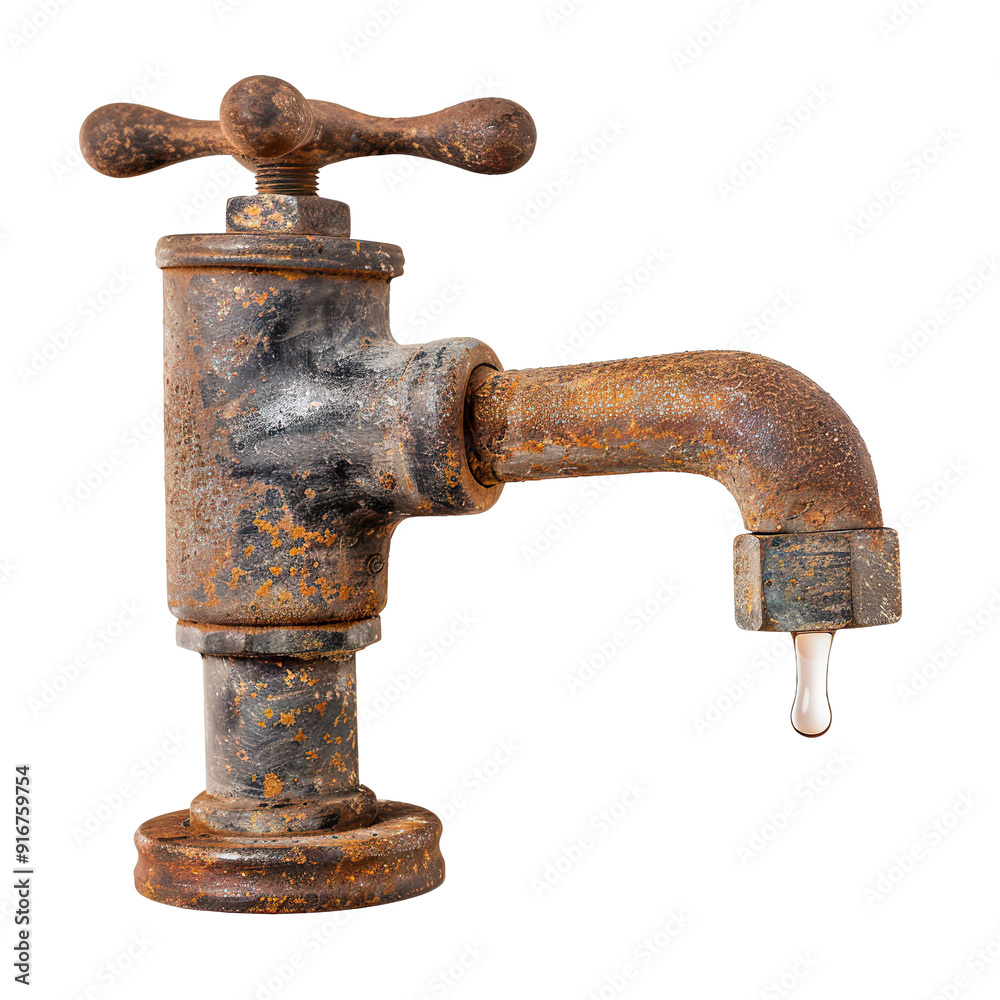 Rusty old water faucet with dripping water, cut out Rusty old water faucet with dripping water, cut out