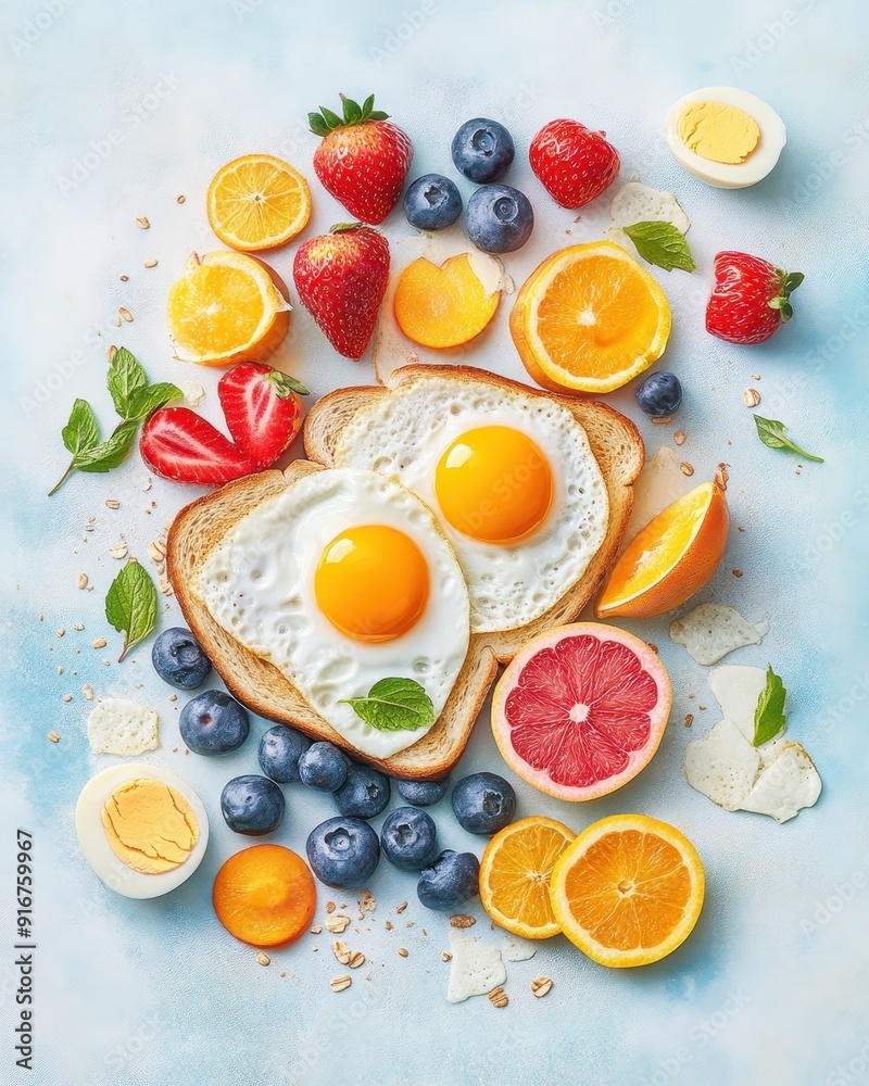 Bright and healthy breakfast spread with sunny-side-up eggs, fresh fruits, berries, and toast on a light blue background. Bright and healthy breakfast spread with sunny-side-up eggs, fresh fruits, berries, and toast on a light blue background.