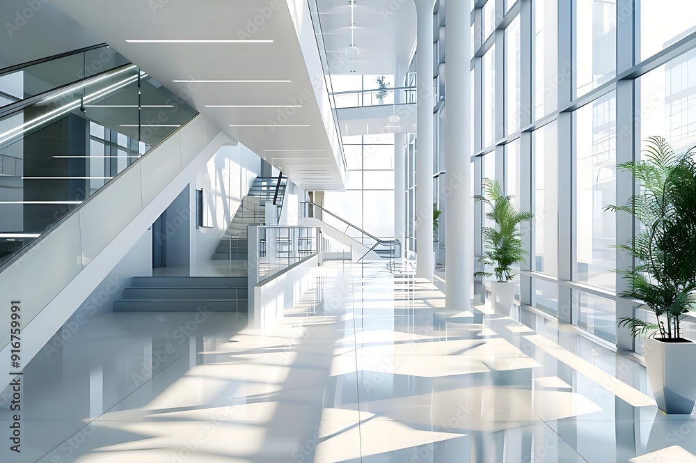 Obraz premium Modern Sunlit Office Lobby with Glass Walls