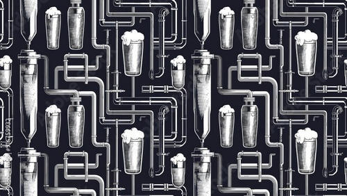 Beer brewing process line art in black and white featuring seamless patterns of pipes and tubes photo