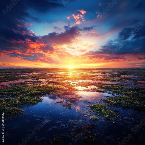 Breathtaking sunset over a serene coastal landscape with vibrant sky, reflected in calm tidal pools and natural shoreline scenery. photo