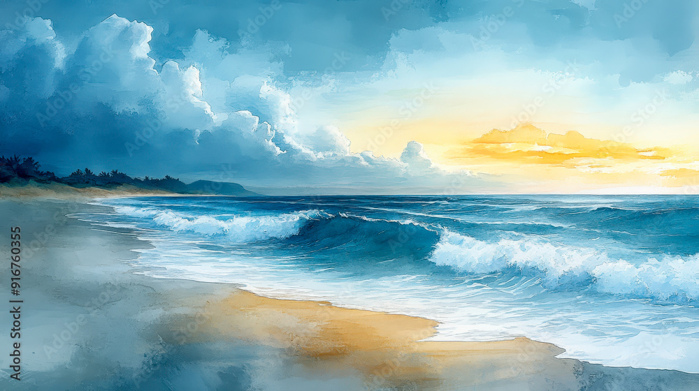 Sunset on Serene Beach, Watercolor Style, Ocean Waves and Dramatic Skies, Coastal Landscape at Twilight, Tranquil and Scenic Seaside Painting, Summer Evening Inspiration Sunset on Serene Beach, Watercolor Style, Ocean Waves and Dramatic Skies, Coastal Landscape at Twilight, Tranquil and Scenic Seaside Painting, Summer Evening Inspiration