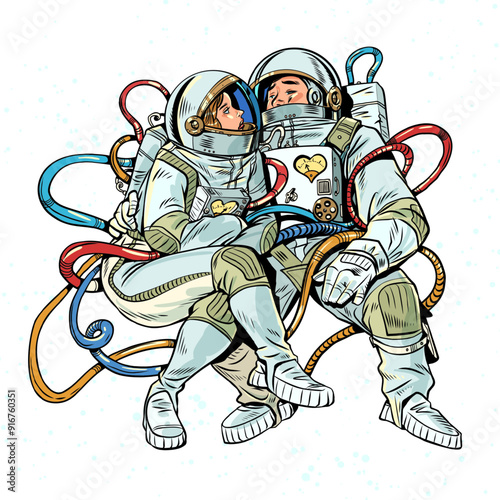 Couple man and woman together in space. Romantic relationships across any distance. Astronauts explore the universe together.