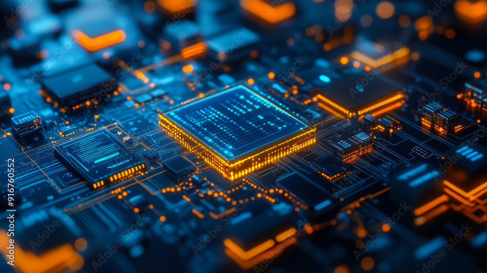 High-tech motherboard with glowing circuits and central processing unit, AI technology, futuristic digital hardware concept at night High-tech motherboard with glowing circuits and central processing unit, AI technology, futuristic digital hardware concept at night