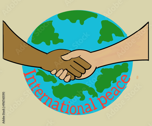Illustration design of peace sign shaking hands with earth background