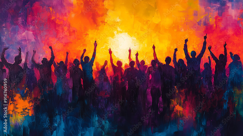 Silhouettes of People Celebrating Against a Vibrant Sunset Silhouettes of People Celebrating Against a Vibrant Sunset