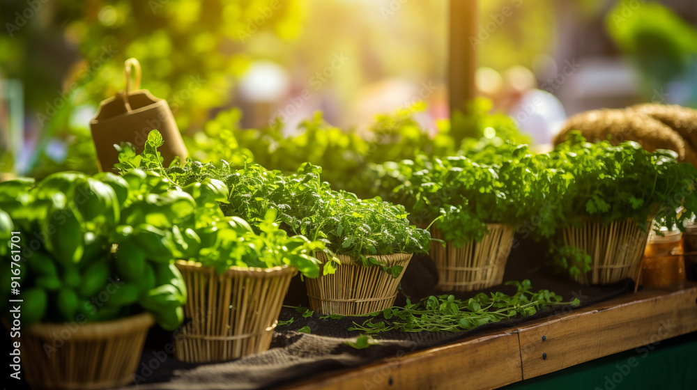 Herb Baskets in Sunlit Farmers Market with Lush Greenery and Vibrant Freshness Herb Baskets in Sunlit Farmers Market with Lush Greenery and Vibrant Freshness