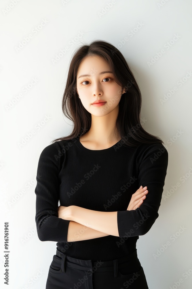 Confident woman in black with folded arms stands against a white background, representing empowerment and simplicity. Confident woman in black with folded arms stands against a white background, representing empowerment and simplicity.
