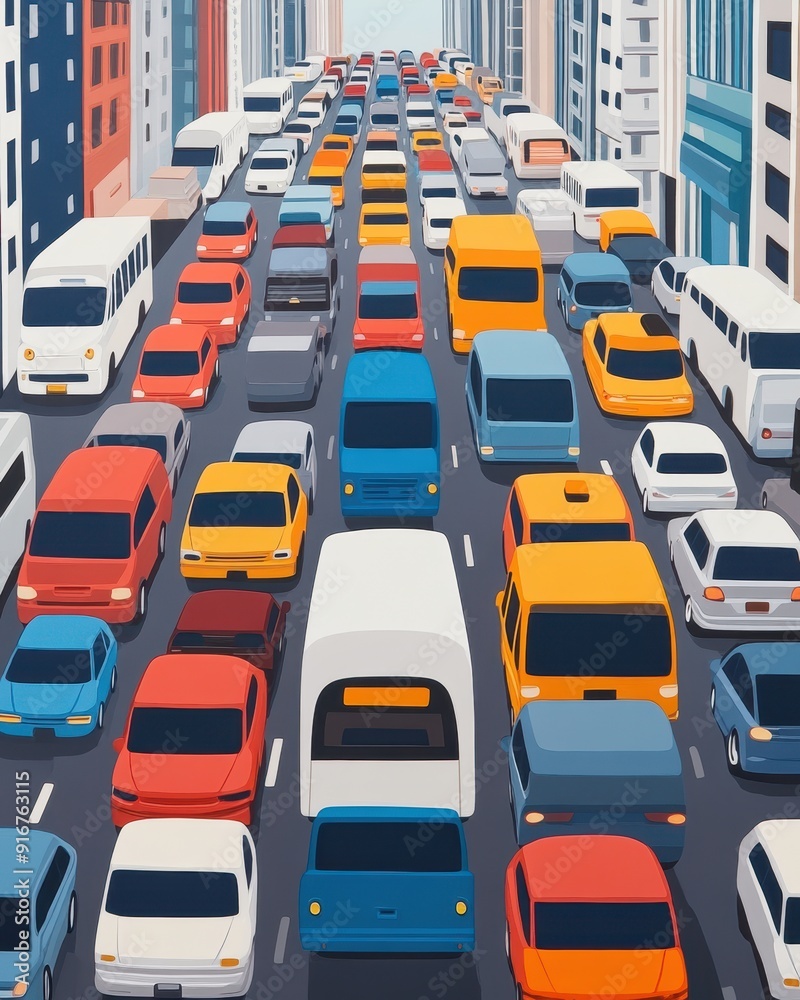 High-angle illustration of a busy city street with heavy traffic and colorful vehicles amid tall buildings on a clear day. High-angle illustration of a busy city street with heavy traffic and colorful vehicles amid tall buildings on a clear day.