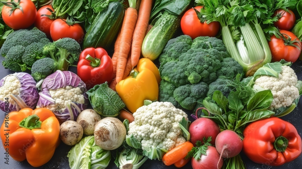 Fresh vegetables displayed abundantly on a dark surface in a vibrant arrangement Fresh vegetables displayed abundantly on a dark surface in a vibrant arrangement
