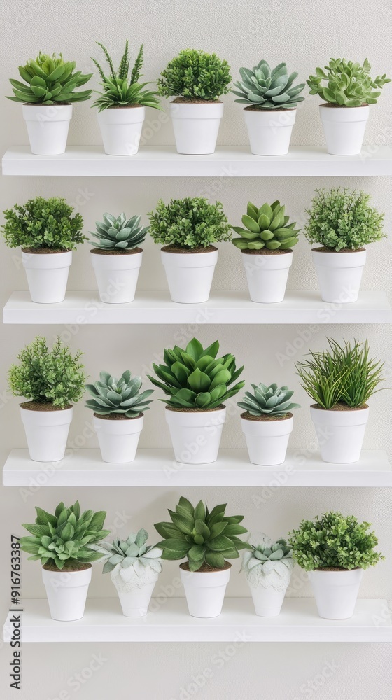 White wooden shelves display books alongside flower arrangements and greenery, creating a serene and inviting atmosphere in a neutral-toned space