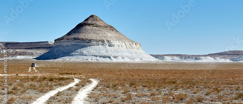 (Super wide view) A view of Bozzhira tract, driving on suv, unexplored region of Mangystau photo