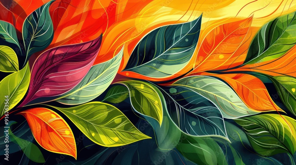 Vibrant abstract leaf artwork with a dynamic range of colors, blending warm and cool tones for a stunning visual effect. Vibrant abstract leaf artwork with a dynamic range of colors, blending warm and cool tones for a stunning visual effect.