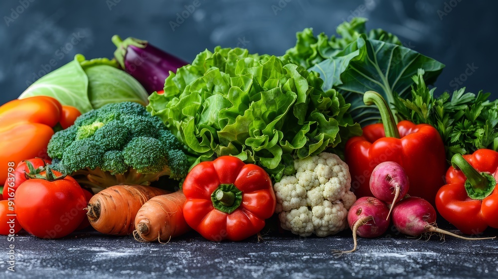 A vibrant assortment of fresh vegetables arranged on a rustic surface in natural light during the afternoon A vibrant assortment of fresh vegetables arranged on a rustic surface in natural light during the afternoon