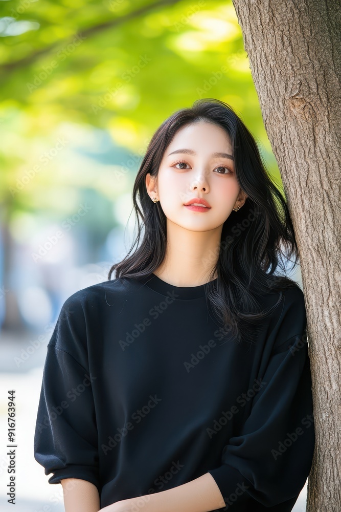 Portrait of a young woman with long dark hair standing by a tree, wearing a black outfit, with vibrant green leaves in the background. Portrait of a young woman with long dark hair standing by a tree, wearing a black outfit, with vibrant green leaves in the background.