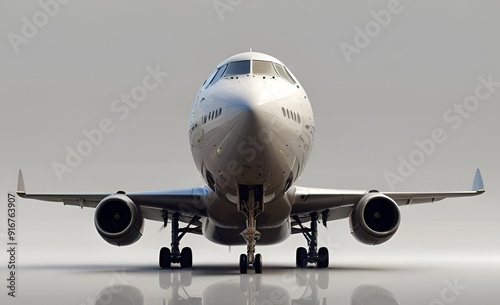 Airplane landing with landing gear extended.
