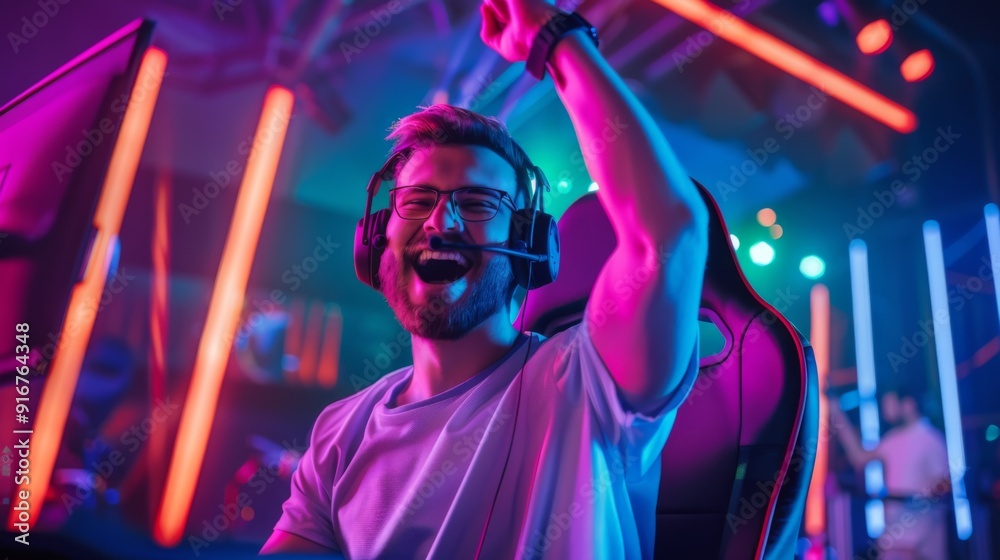 Happy male cyber sport gamer raising hand, celebrating success participating in professional eSports tournament